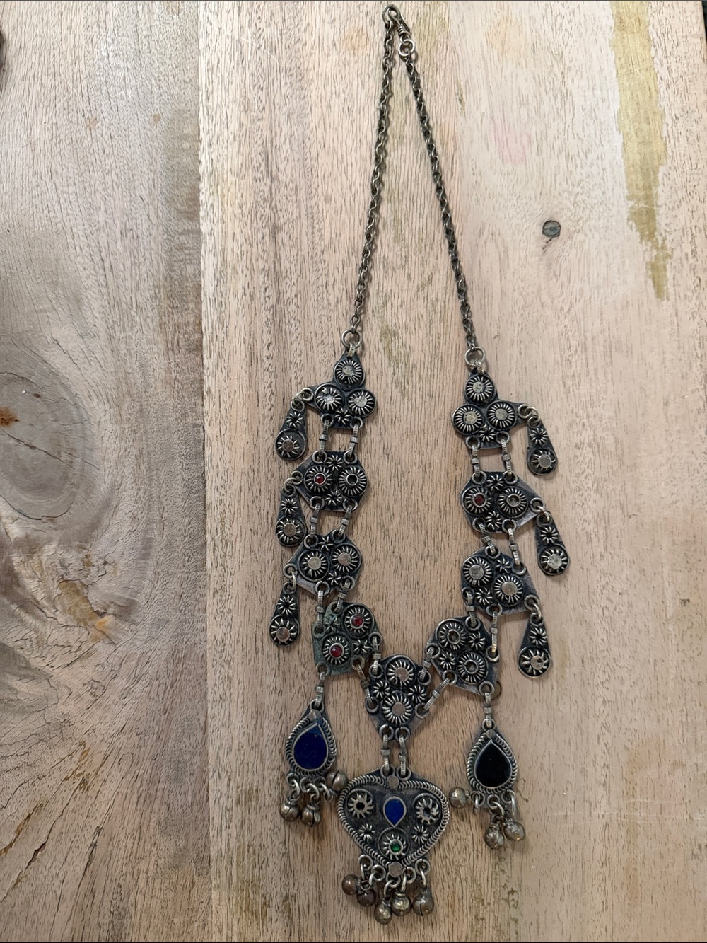Bohemian Silver-Tone Statement Necklace with Blue and Red Accents